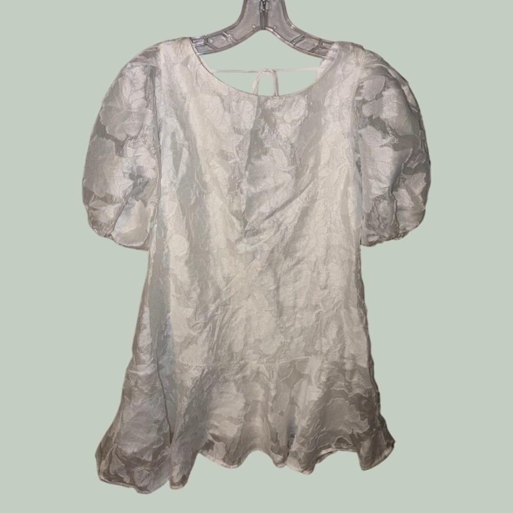 Pink‎ Ripple White Floral Jacquard Puff Sleeve Babydoll Mini Dress Size L L0404